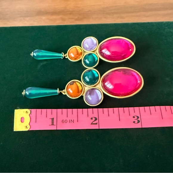 Vintage 80s Acrylic Matte Gold Dangle Cabochon Clip on Earrings Multicolor Drop - Picture 6 of 12